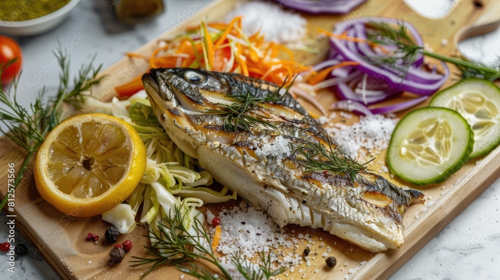 Dorado cooked in salt with rosemary and lemon accompanied by a fresh vegetable salad with cabbage cucumbers dill and olive oil dressing Dorado cooked in salt with rosemary and lemon accompanied by a fresh vegetable salad with cabbage cucumbers dill and olive oil dressing