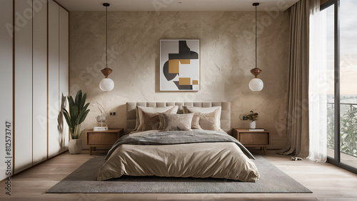 Minimalist interior design of modern bedroom with beige stucco wall.