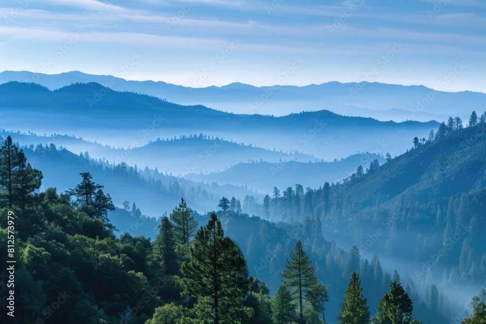 Fototapeta premium Layers of Blue Mountains in Early Morning: Calaveras County, California - A Breathtaking Landscape
