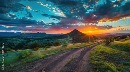 Dramatic Fire-Red Sunset Over Sonoita Arizona: Mountain Landscape with Scenic Road Leading photo