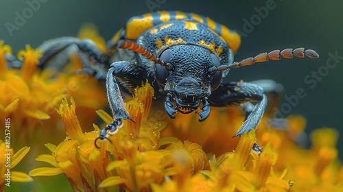 Locust borer beetle, Megacyllene robiniae, feeding on goldenrod.  Belmont, Massachusetts. Generative AI © Qasim Sumbul