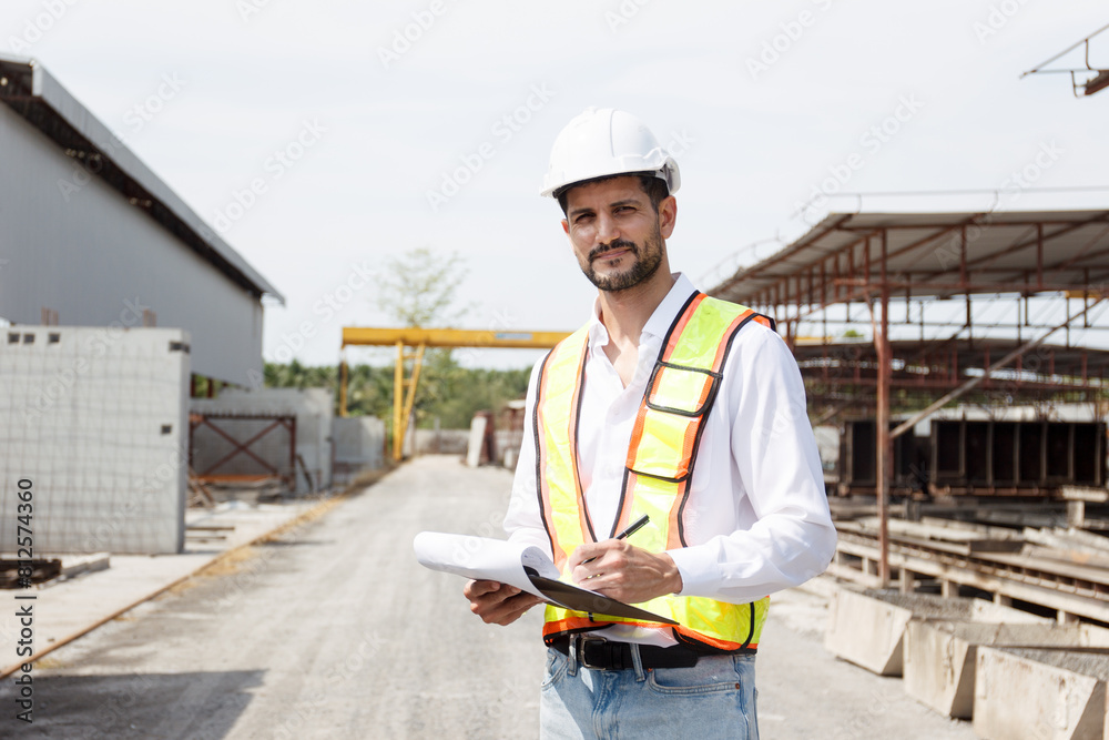 Hispanic male engineer working at construction site. Hispanic male engineer working at construction site.