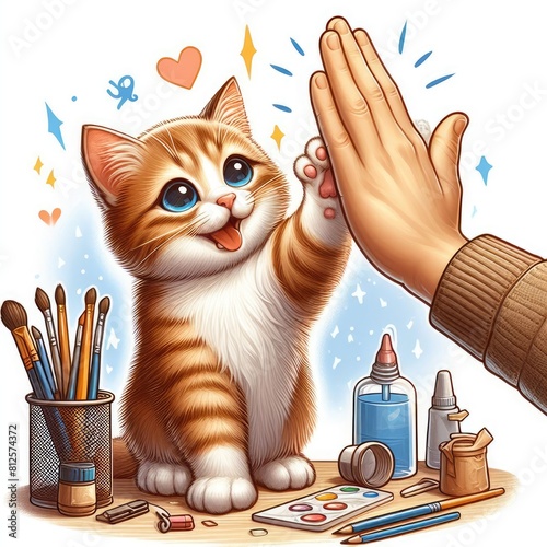 A cat high fiving a hand attractive has illustrative meaning card design illustrator.