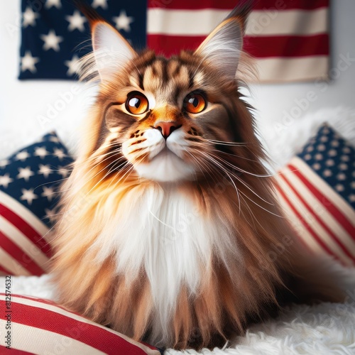 A cat lying on a bed with american American flags image attractive used for printing card design illustrator.