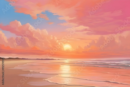 A picturesque beach scene with the sun setting over the horizon  painting the sky in shades of orange and pink.