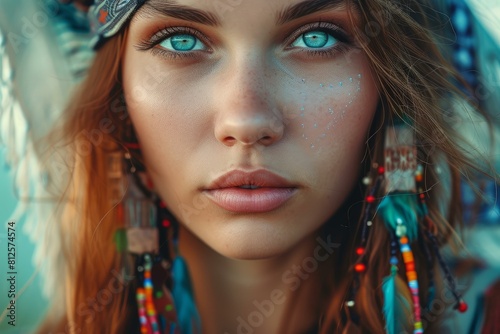 Close-up portrait of a bohemian woman with stunning blue eyes and face paint