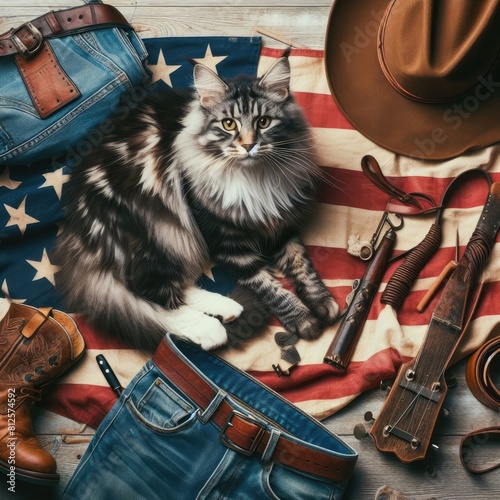 A cat lying on American flag next to a belt and other items photo attractive lively card design illustrator.