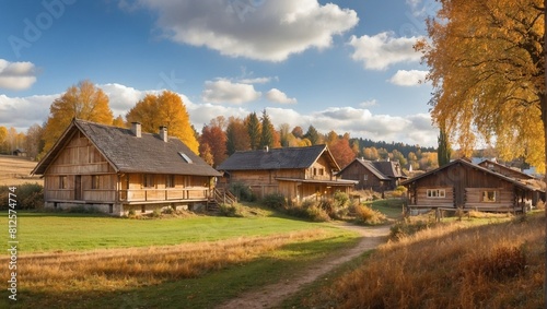 photo of a village with many wooden houses in autumn made by AI generative © M.Taufiq