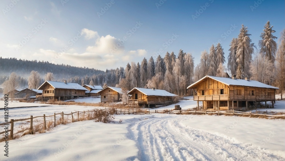 photo of a village with many wooden houses during winter made by AI generative