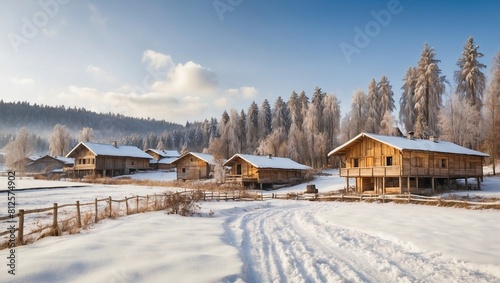 photo of a village with many wooden houses during winter made by AI generative