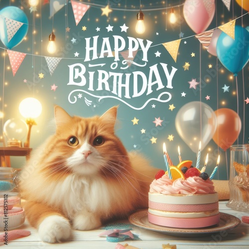 A cat sitting next to a cake art harmony has illustrative meaning card design illustrator.