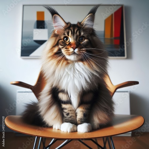 A cat sitting on a chair realistic harmony card design illustrator