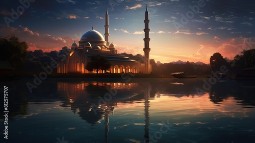 A painting of a mosque with a crescent moon, water reflection © KRIS