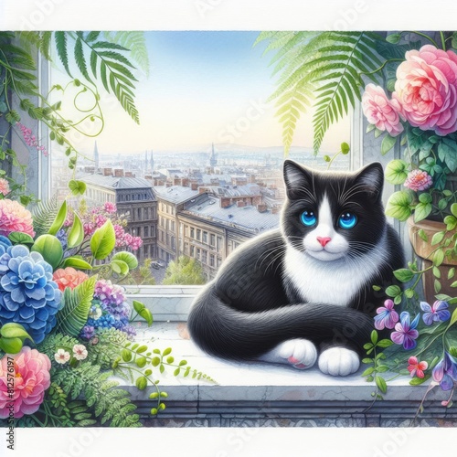 A cat sitting on a window sill with flowers harmony lively has illustrative meaning illustrator.