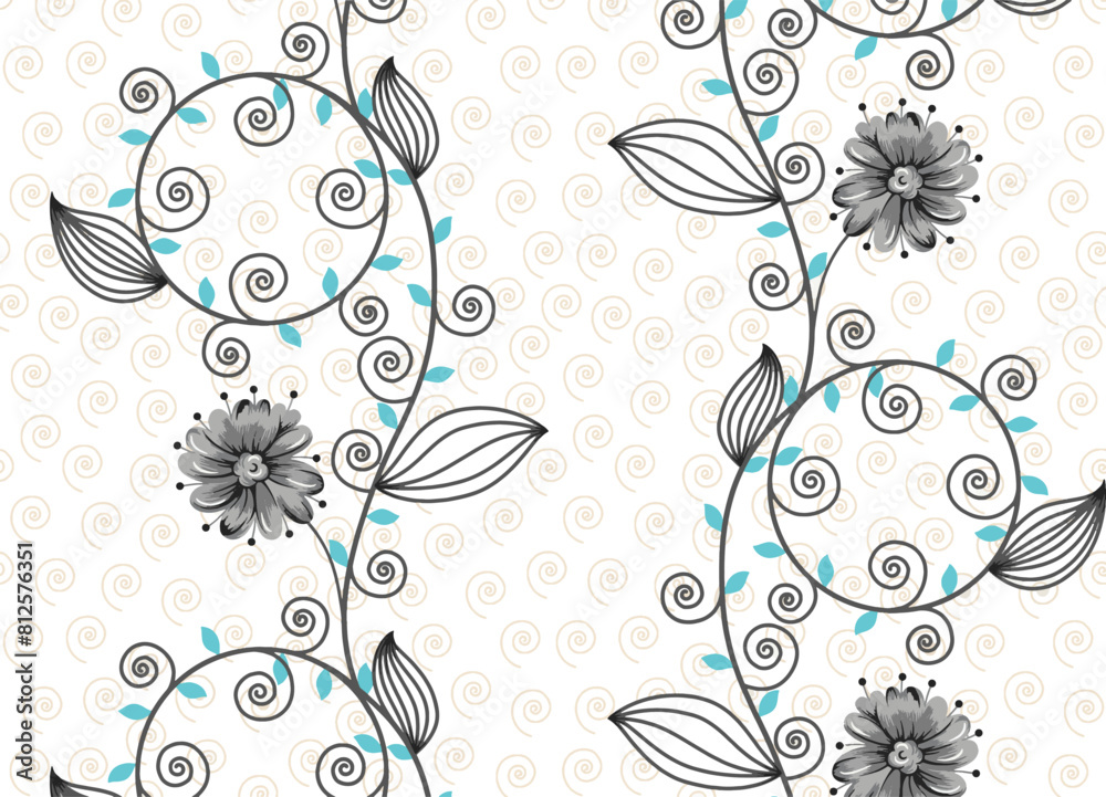 Fototapeta premium botanical ethnic stripe concept background rotary printing seamless pattern design illustration in turquoise grey color combination digital home textile apparels