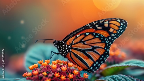 Monarch butterfly (Danaus plexippus) resting on a plant, just after emerging from a chrysalis; Connecticut, United States of America Generative AI