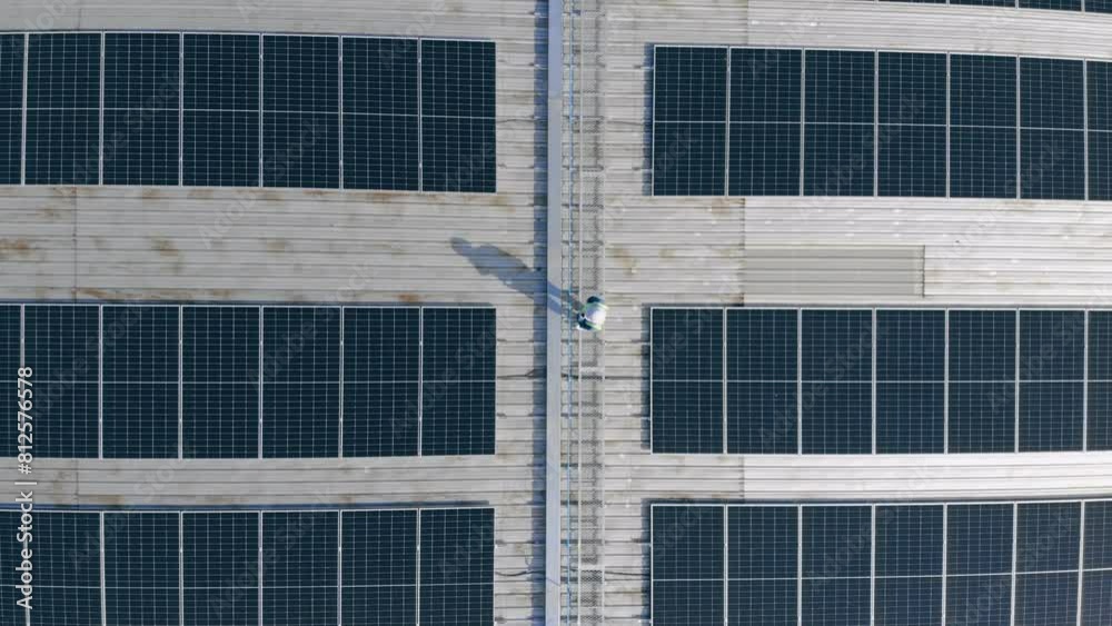 Top view of Engineer man using walkie talkie talking to a colleague and checking solar cell panel on roof top at industrial factory Top view of Engineer man using walkie talkie talking to a colleague and checking solar cell panel on roof top at industrial factory