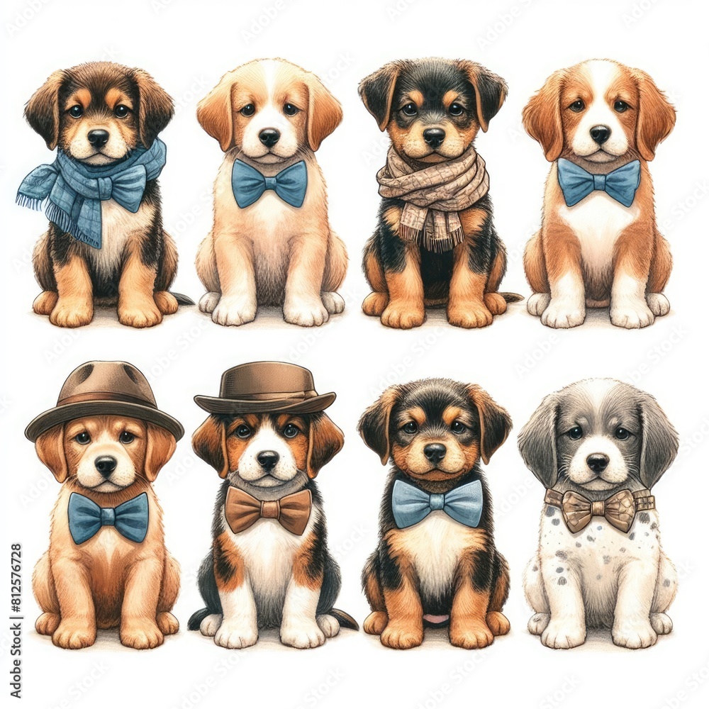 Many puppies wearing bow ties art photo harmony used for printing card design illustrator. Many puppies wearing bow ties art photo harmony used for printing card design illustrator.