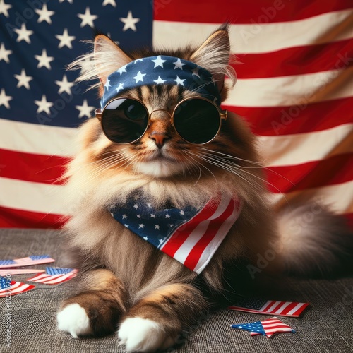 A cat wearing sunglasses and bandana in front of American flag image art lively used for printing illustrator.
