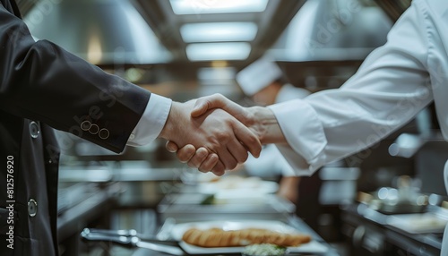 close up shot chef shaking hands with business man in kitchen background  photo