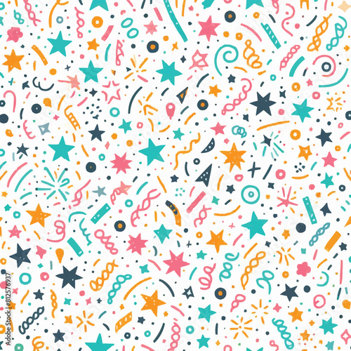 Hand-drawn simple sprinkle seamless pattern. Bright color confetti, stars on white background. Vector Illustration for holiday, party, birthday, invitation