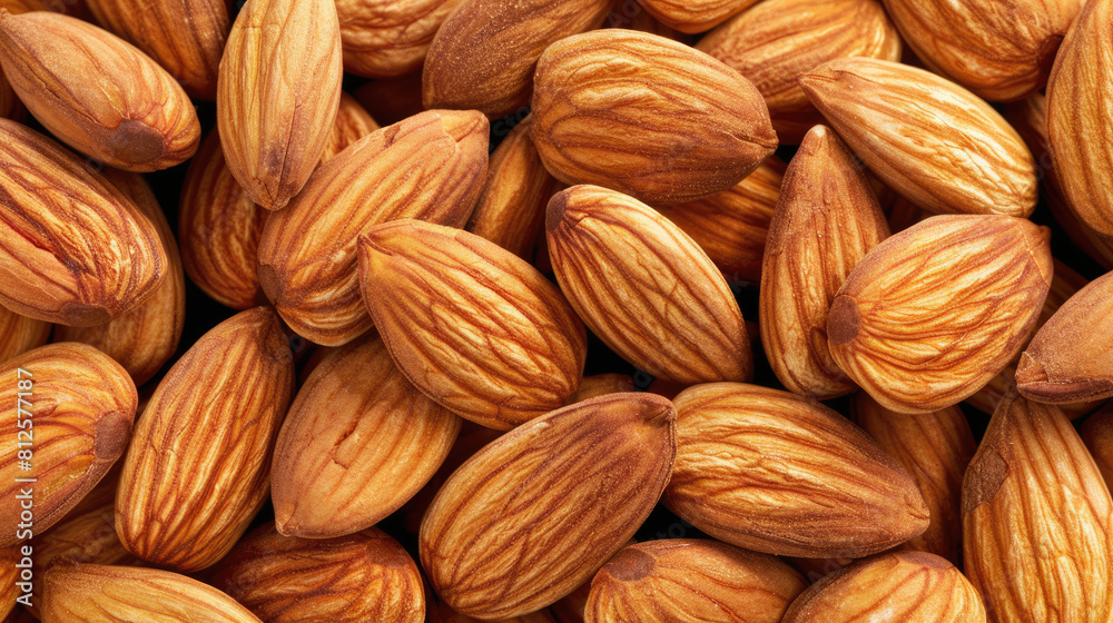 Background of raw peeled almonds situated arbitrarily Background of raw peeled almonds situated arbitrarily