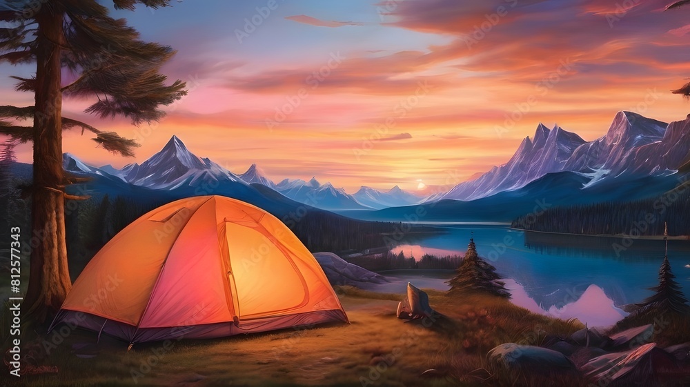 Mountain Sunset Serenity: Camping Amidst Majestic Peaks at Dusk