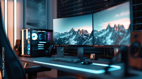 A photo of a gaming setup with two monitors, a keyboard, and a mouse. The monitors are displaying a snowy mountain landscape. photo