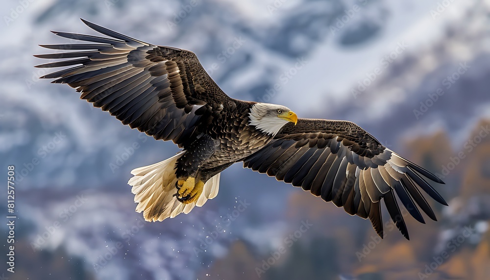 Fototapeta premium Adult Bald Eagle in flight with snow covered mountains in the background.