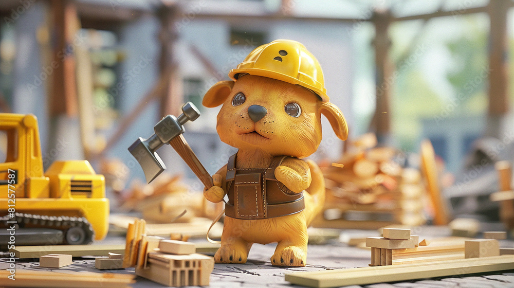Fototapeta premium Adorable puppy in a hard hat and tool belt stands on a construction site holding a hammer, with a determined look in his eyes, ready to build something great.