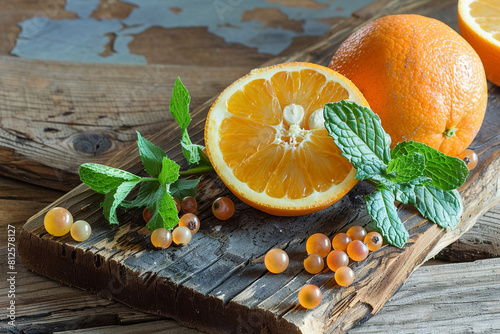 Orange and mint berries arranged on a rustic wooden plank  a contemporary Memorial Day setting. photo