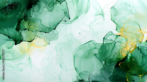 Abstract art with lush forest green and pale yellow alcohol ink, oil paint textures.
