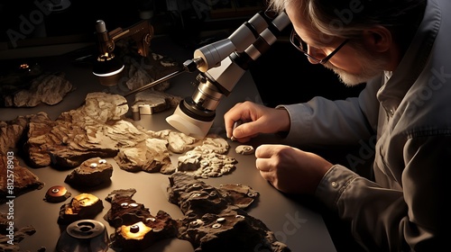 A petrologist examining rock samples under a microscope, unraveling the geological history of the Earth. photo