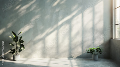 Bathed in natural light, a textured wall becomes a canvas for shadow play as sunlight streams through windows, creating a minimalist background that enchants with its simplicity an