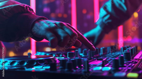 In the heart of a pulsating nightlife scene, a DJ expertly mixes music on a professional controller, with colorful lights and a camera capturing the electrifying atmosphere in the