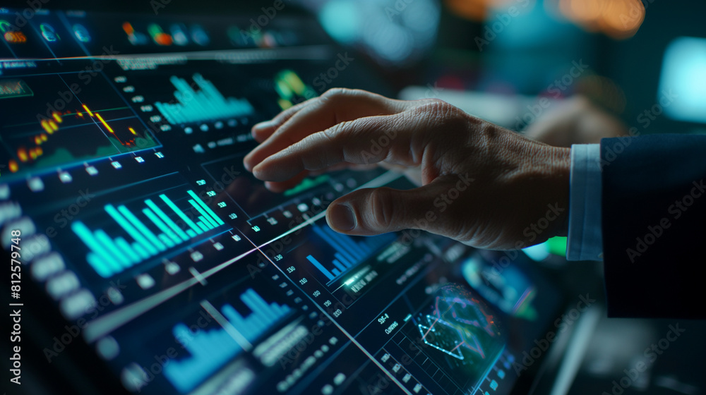 Close-up: With unwavering focus, a businessman studies financial data on an interactive touchscreen, his hands deftly navigating through charts and graphs to uncover valuable insig Close-up: With unwavering focus, a businessman studies financial data on an interactive touchscreen, his hands deftly navigating through charts and graphs to uncover valuable insig