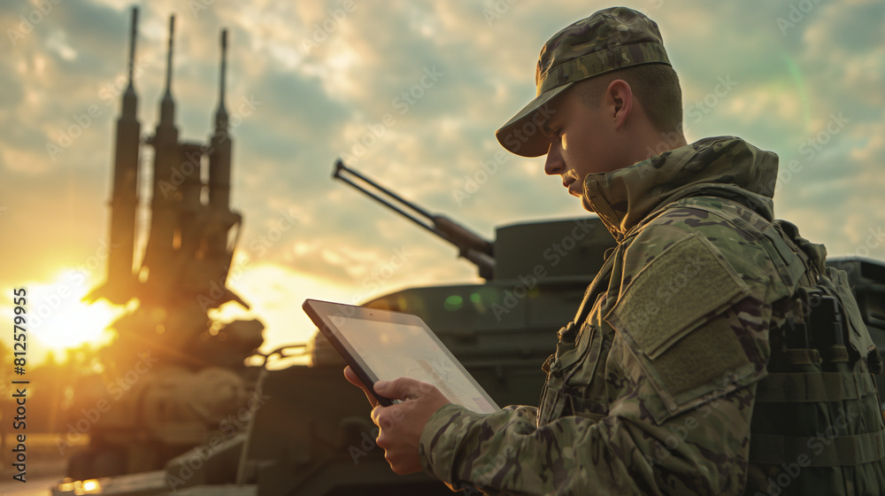 In the heart of a military base, a dedicated serviceman stands next to an advanced air defense system, his attention drawn to the tablet in his grasp, which empowers him to make sp In the heart of a military base, a dedicated serviceman stands next to an advanced air defense system, his attention drawn to the tablet in his grasp, which empowers him to make sp