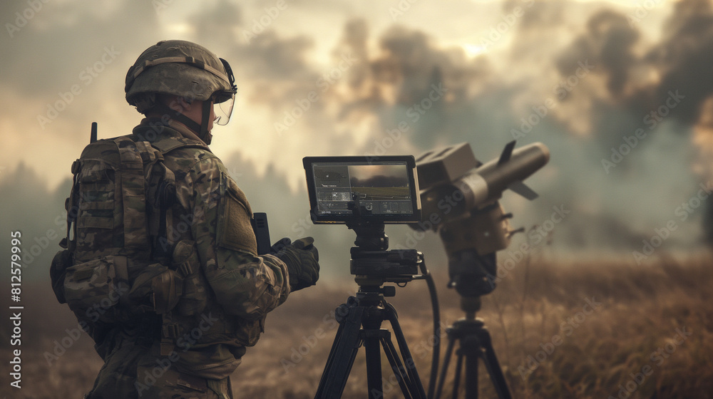 Fototapeta premium Amidst the buzz of activity on the battlefield, a soldier stands resolutely next to an advanced air defense system, his gaze locked on the tablet in his possession, which empowers
