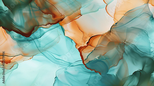 Abstract in burnt sienna and aquamarine alcohol ink with high-quality oil paint details.