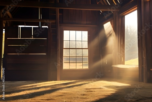 Sunlight streaming through the windows of an old rustic barn, illuminating the dust motes in the air.  photo