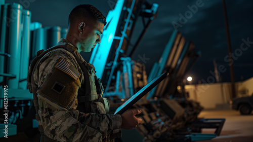 In the heart of a high-security zone, a military operative stands alongside an advanced air defense system, his attention riveted to the tablet in his possession, which serves as a