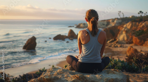 Calmness and relaxation with yoga and meditation on a beach at sunset