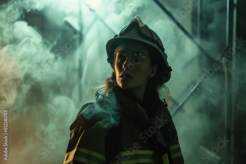 Firefighter gazes upward surrounded by dense smoke, in full gear