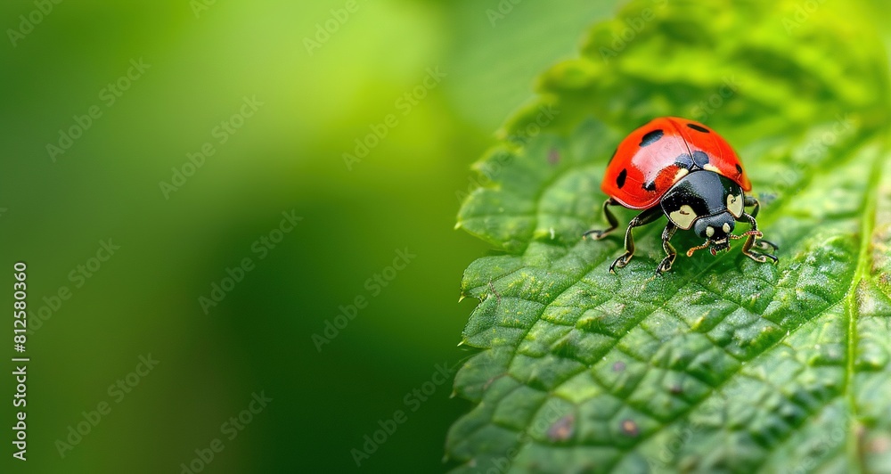 A closeup of the red ladybug on a green leaf. A closeup of the red ladybug on a green leaf.