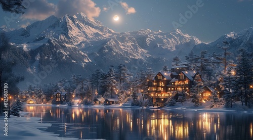 night, moonlight, river in front of the house, snowcovered mountains behind it, several large wooden houses with lights on their facades, photorealistic, high resolution,