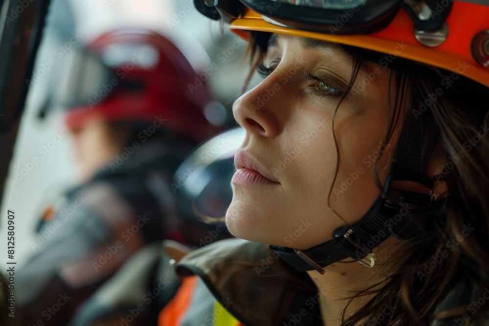 Although blurred, the essence of a firefighter's readiness to confront danger is undeniable in this image Although blurred, the essence of a firefighter's readiness to confront danger is undeniable in this image