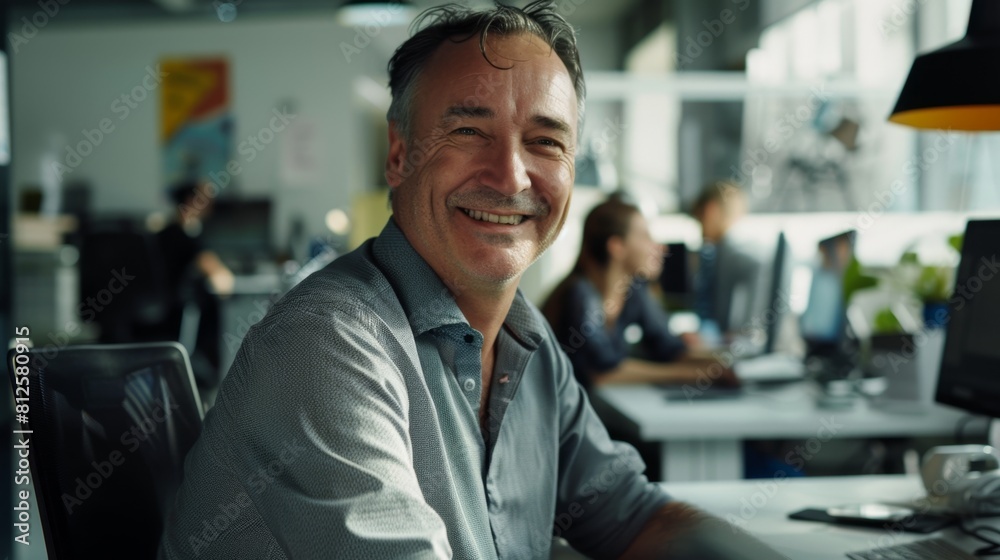 Smiling man in office sitting at desk with computer smiling looking at camera wearing button-up shirt in modern office environment with blurred colleagues in background. Smiling man in office sitting at desk with computer smiling looking at camera wearing button-up shirt in modern office environment with blurred colleagues in background.
