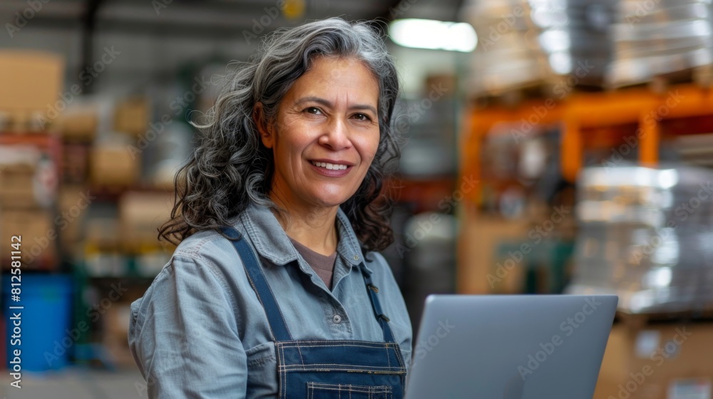 Smiling woman in blue overalls using laptop in industrial setting. Smiling woman in blue overalls using laptop in industrial setting.