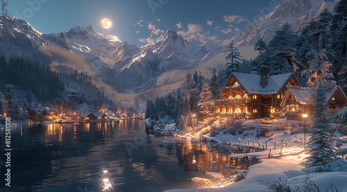 night, moonlight, river in front of the house, snowcovered mountains behind it, several large wooden houses with lights on their facades, photorealistic, high resolution, very detailed,