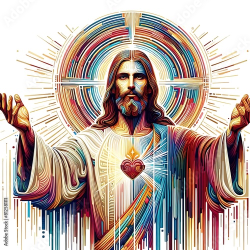 A colorful art of a jesus christ with his arms out art attractive used for printing illustrator.